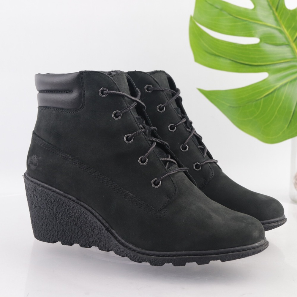 Timberland Womens Amston Boot Size 9 Black Leather Lace Up Wedge Heel Lug Bootie